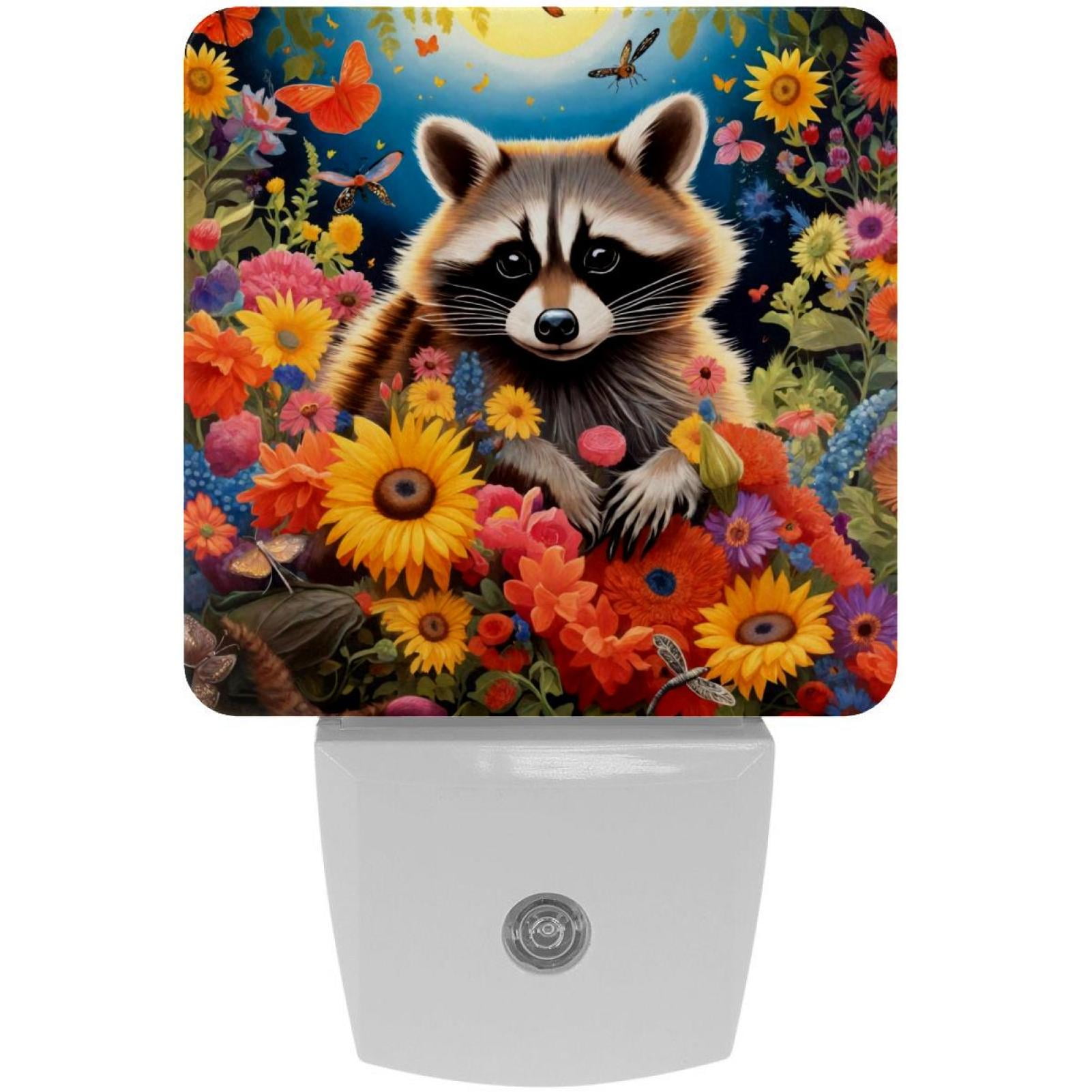 PhooArto Night Flowers Raccoon Plug in LED Night Light Auto Sensor Dusk to Dawn Decorative Night for Bedroom, Bathroom, Kitchen, Hallway, Stairs, Baby's Room, Energy Saving