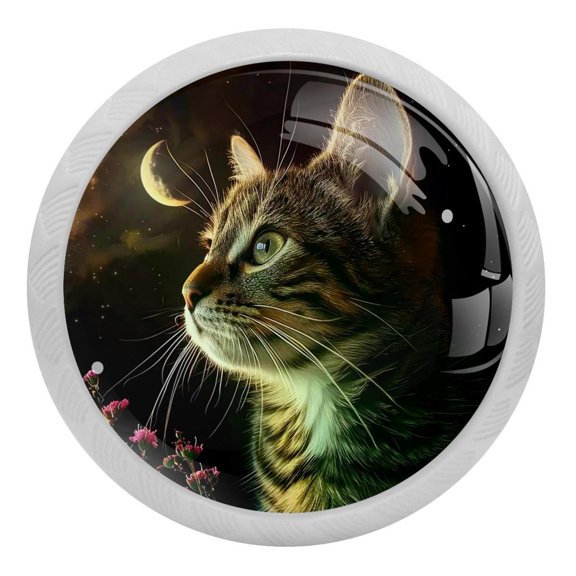 PhooArto Night Moon Cat 4 PCS Crystal Glass Cabinet Knobs, Drawer Kitchen Cabinets Dresser Cupboard Wardrobe Pulls Handle - Glowing in the Dark