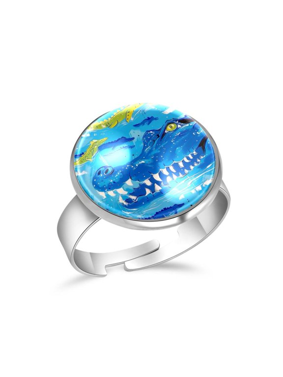 Ocean Blue Crocodile Pattern Stainless Steel Rings for Women, Open Adjustable Ring Promise Ring Jewelry Gifts