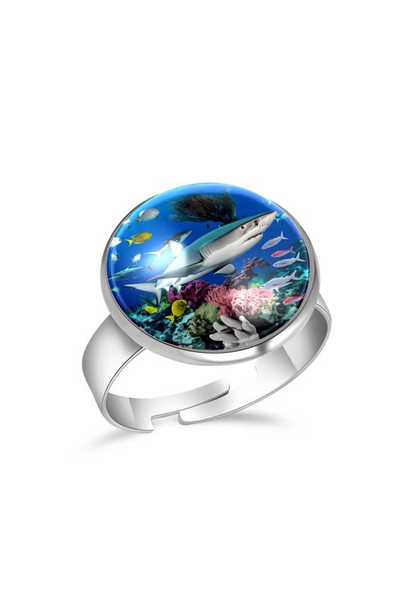 Ocean Fish Shark Coral Stainless Steel Rings for Women, Open Adjustable Ring Promise Ring Jewelry Gifts