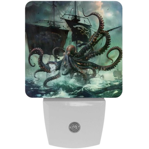 PhooArto Ocean Octopus Attack Nautical Ship Plug in LED Night Light Auto Sensor Dusk to Dawn Decorative Night for Bedroom, Bathroom, Kitchen, Hallway, Stairs, Baby's Room, Energy Saving