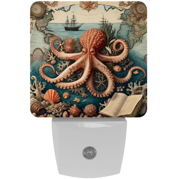 PhooArto Octopus Vintage Map Book Plug in LED Night Light Auto Sensor Dusk to Dawn Decorative Night for Bedroom, Bathroom, Kitchen, Hallway, Stairs, Baby's Room, Energy Saving