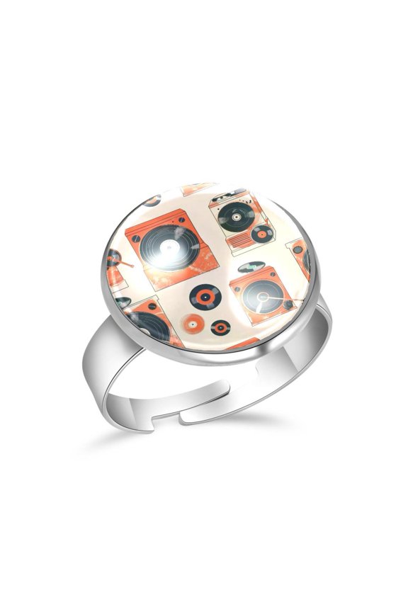 Orange Record Player Pattern Stainless Steel Rings for Women, Open Adjustable Ring Promise Ring Jewelry Gifts