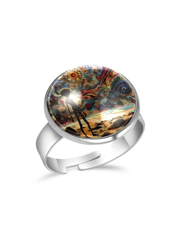 Outer Space Alien Color Floral Stainless Steel Rings for Women, Open Adjustable Ring Promise Ring Jewelry Gifts