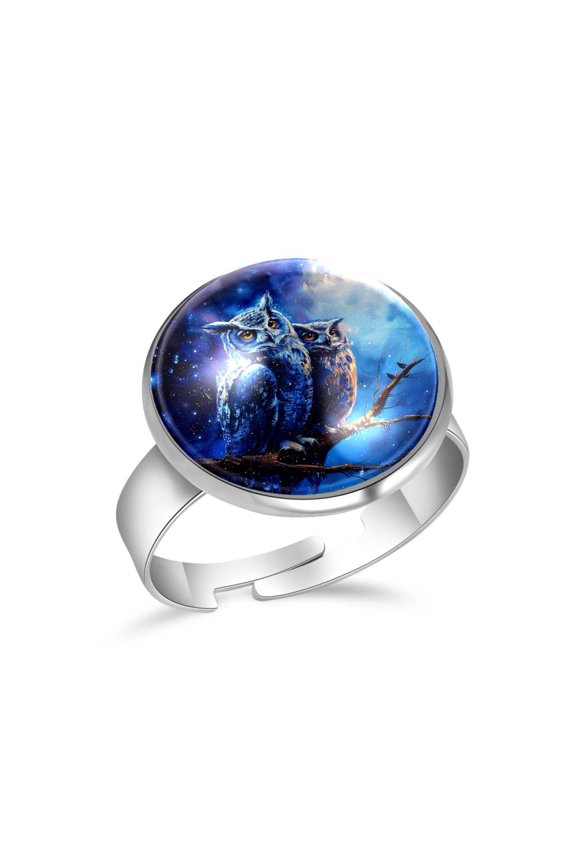 Owls on Blue Galaxy Stainless Steel Rings for Women, Open Adjustable Ring Promise Ring Jewelry Gifts