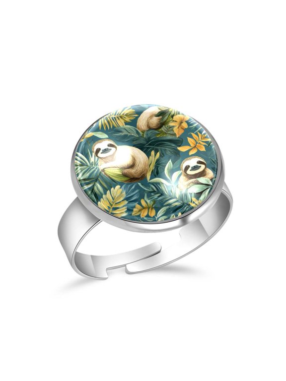 Palm Leaves Sloths Pattern Stainless Steel Rings for Women, Open Adjustable Ring Promise Ring Jewelry Gifts