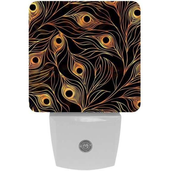 PhooArto Peacock Feather Golden Patterns Plug in LED Night Light Auto Sensor Dusk to Dawn Decorative Night for Bedroom, Bathroom, Kitchen, Hallway, Stairs, Baby's Room, Energy Saving