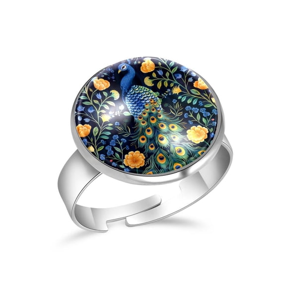 PhooArto Peacock Flower Pattern Stainless Steel Rings for Women, Open Adjustable Ring Promise Ring Jewelry Gifts