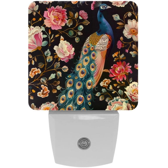 PhooArto Peacock Flowers Pattern Plug in LED Night Light Auto Sensor Dusk to Dawn Decorative Night for Bedroom, Bathroom, Kitchen, Hallway, Stairs, Baby's Room, Energy Saving