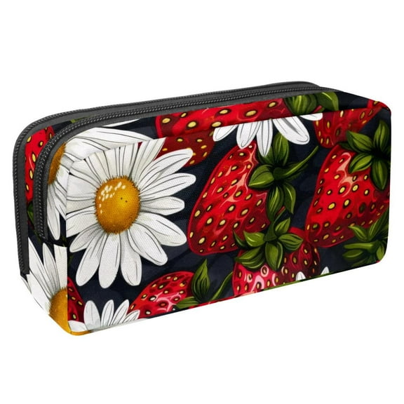 PhooArto Pencil Case, Daisy Flower Strawberry Pattern Large Capacity Pencil Pouch Stationery Pen Bag