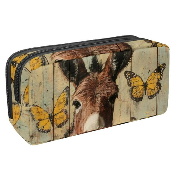 PhooArto Pencil Case, Donkey Butterfly Wooden Board Large Capacity Pencil Pouch Stationery Pen Bag