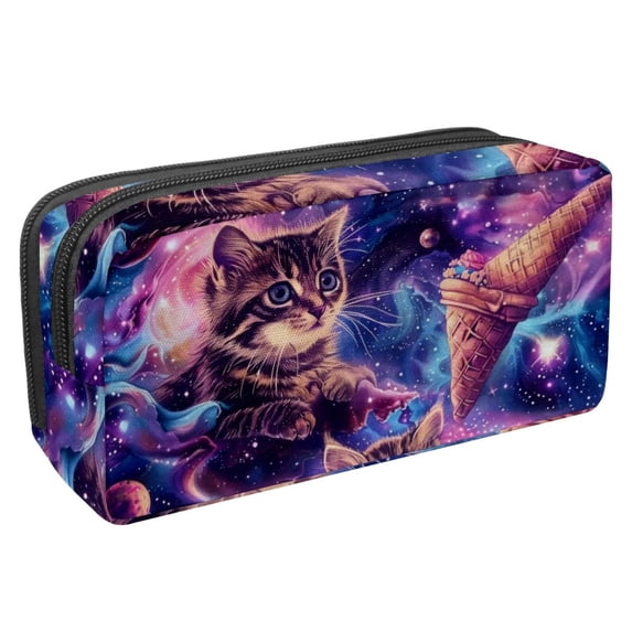 PhooArto Pencil Case, Purple Galaxy Kitten Ice Cream Large Capacity Pencil Pouch Stationery Pen Bag