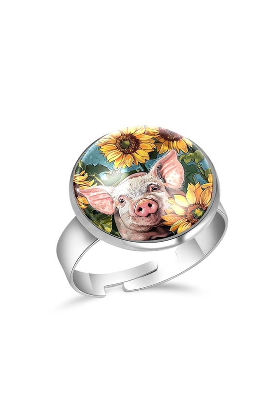 Pig Sunflowers Stainless Steel Rings for Women, Open Adjustable Ring Promise Ring Jewelry Gifts