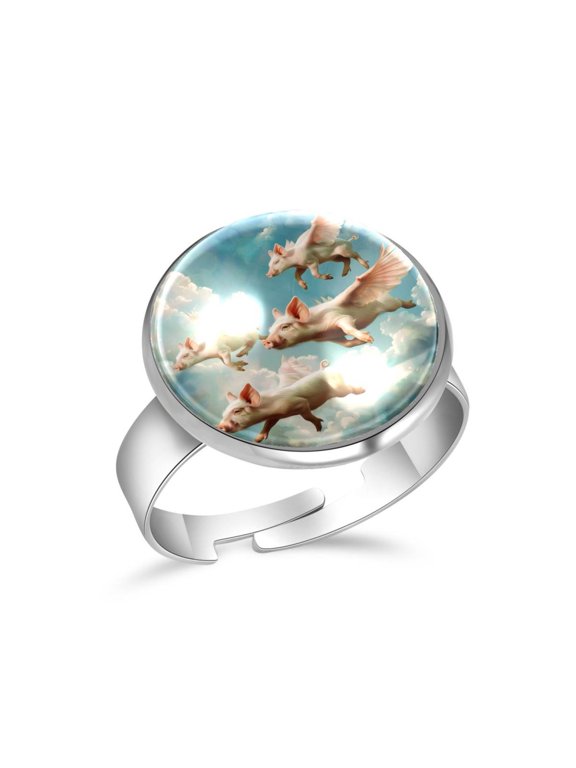 Piglets with Wings in Sky Stainless Steel Rings for Women, Open Adjustable Ring Promise Ring Jewelry Gifts