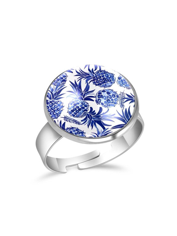 Pineapple Blue Pattern Stainless Steel Rings for Women, Open Adjustable Ring Promise Ring Jewelry Gifts