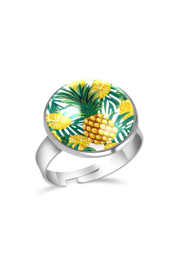 Pineapple Hawaii Palm Leaves Pattern Stainless Steel Rings for Women, Open Adjustable Ring Promise Ring Jewelry Gifts