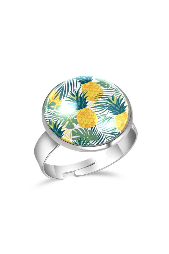 Pineapple Palm Leaves Pattern Stainless Steel Rings for Women, Open Adjustable Ring Promise Ring Jewelry Gifts