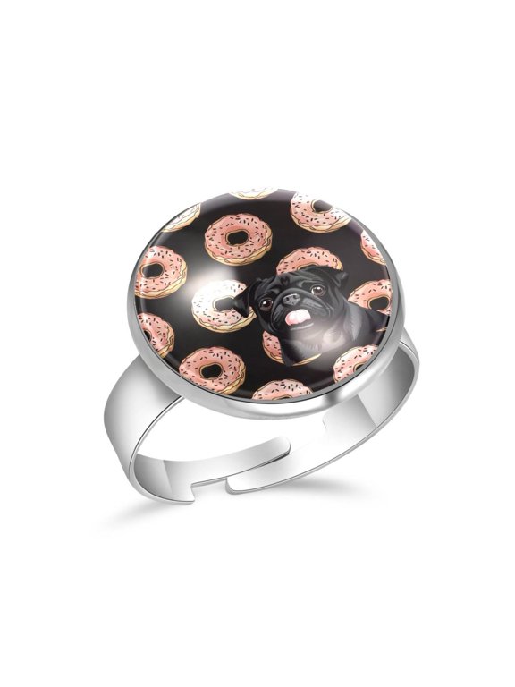 Pink Donuts Black Pug Dog Stainless Steel Rings for Women, Open Adjustable Ring Promise Ring Jewelry Gifts