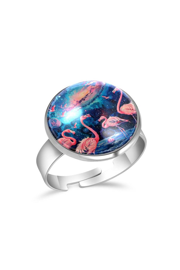 Pink Flamingo Galaxy Space Stainless Steel Rings for Women, Open Adjustable Ring Promise Ring Jewelry Gifts