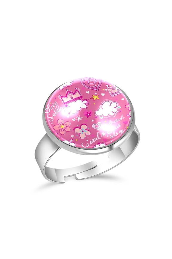 Pink Princess Flowers Cloud Pattern Stainless Steel Rings for Women, Open Adjustable Ring Promise Ring Jewelry Gifts