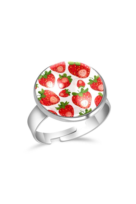 Pink Strawberries Patetrn Stainless Steel Rings for Women, Open Adjustable Ring Promise Ring Jewelry Gifts