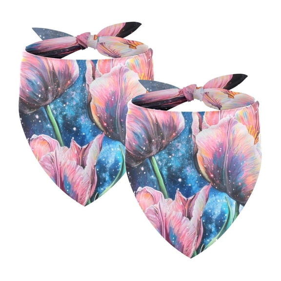 PhooArto Pink Tulip Flowers Galaxy Dog Bandanas, 2 Pack Soft Washable Pet Scarf Triangle for Large Dogs Puppies and Cats