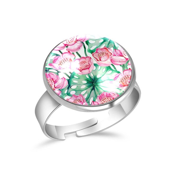 PhooArto Pink Water Lotus Patterns Stainless Steel Rings for Women, Open Adjustable Ring Promise Ring Jewelry Gifts