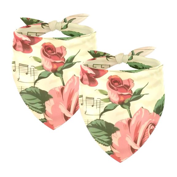 PhooArto Pinkling Rose Flower Music Notes Pattern Dog Bandanas, 2 Pack Soft Washable Pet Scarf Triangle for Large Dogs Puppies and Cats