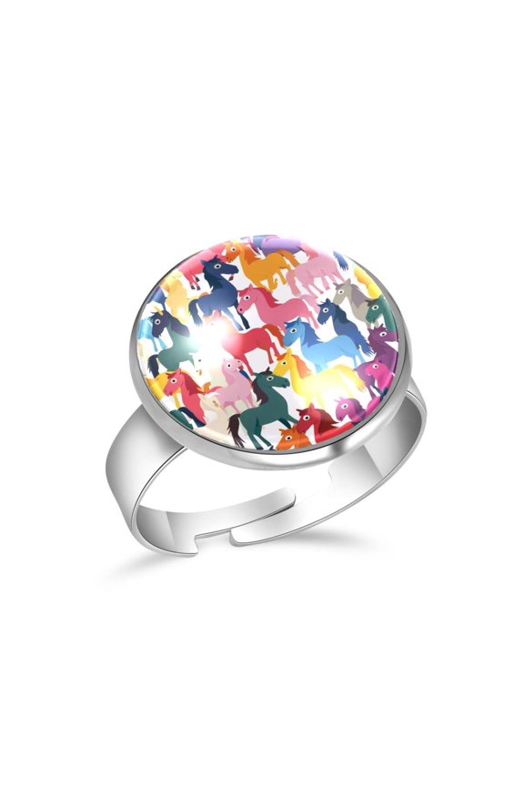Pony Colorful Cartoon Horses Pattern Stainless Steel Rings for Women, Open Adjustable Ring Promise Ring Jewelry Gifts