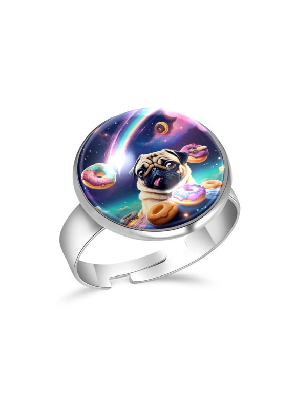 Pug Dog Donuts Rainbow Galaxy Stainless Steel Rings for Women, Open Adjustable Ring Promise Ring Jewelry Gifts