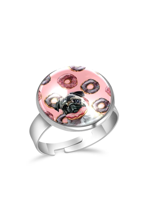 Pug Dog Eating Donuts Stainless Steel Rings for Women, Open Adjustable Ring Promise Ring Jewelry Gifts