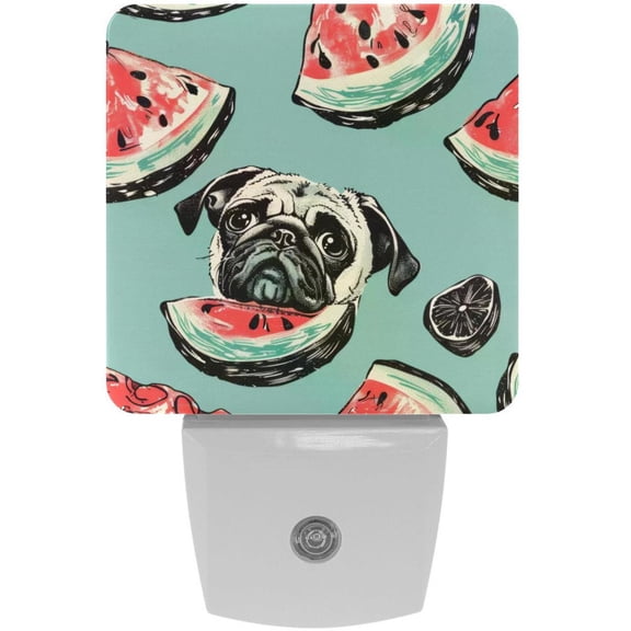 PhooArto Pug Dog Eating Watermelon Pattern Plug in LED Night Light Auto Sensor Dusk to Dawn Decorative Night for Bedroom, Bathroom, Kitchen, Hallway, Stairs, Baby's Room, Energy Saving