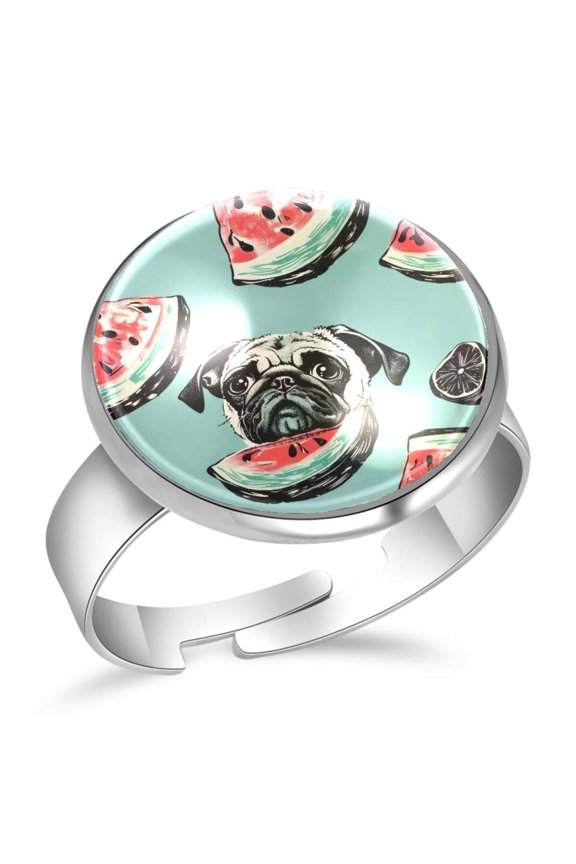 Pug Dog Eating Watermelon Pattern Stainless Steel Rings for Women, Open Adjustable Ring Promise Ring Jewelry Gifts