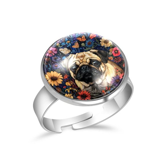 PhooArto Pug Dog Flower Butterflies Stainless Steel Rings for Women, Open Adjustable Ring Promise Ring Jewelry Gifts