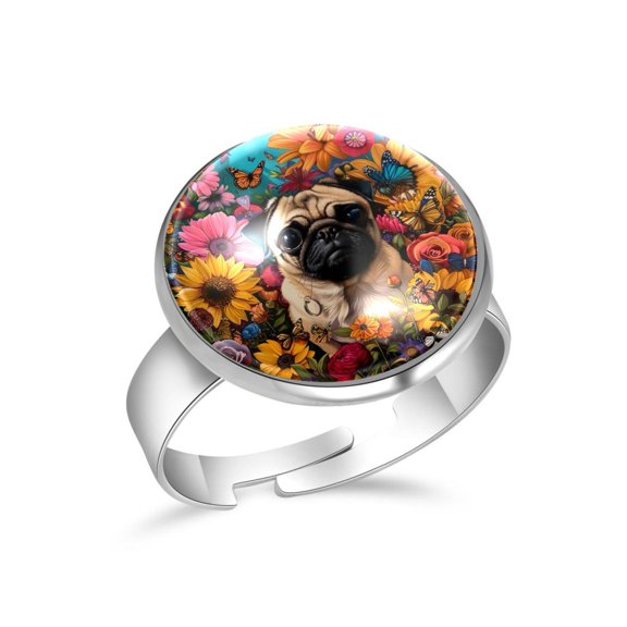 PhooArto Pug Dog Flowers Among Flowers Stainless Steel Rings for Women, Open Adjustable Ring Promise Ring Jewelry Gifts