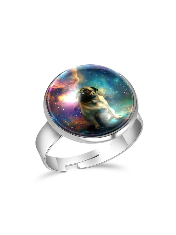 Pug Dog Space Galaxy Stainless Steel Rings for Women, Open Adjustable Ring Promise Ring Jewelry Gifts