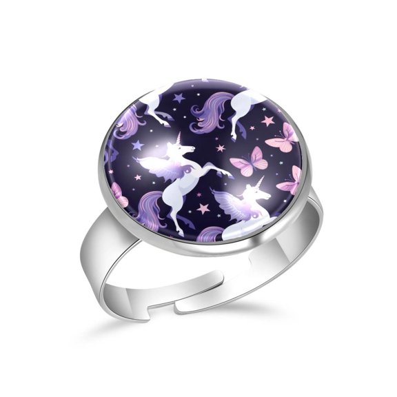 PhooArto Purple Butterflies Unicorn Pattern Stainless Steel Rings for Women, Open Adjustable Ring Promise Ring Jewelry Gifts