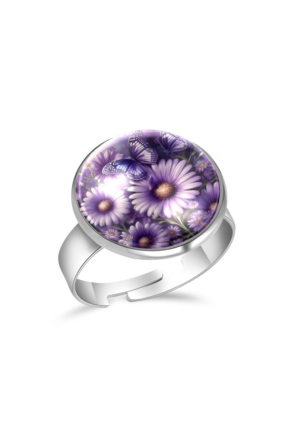Purple Butterfly Daisy Floral Stainless Steel Rings for Women, Open Adjustable Ring Promise Ring Jewelry Gifts