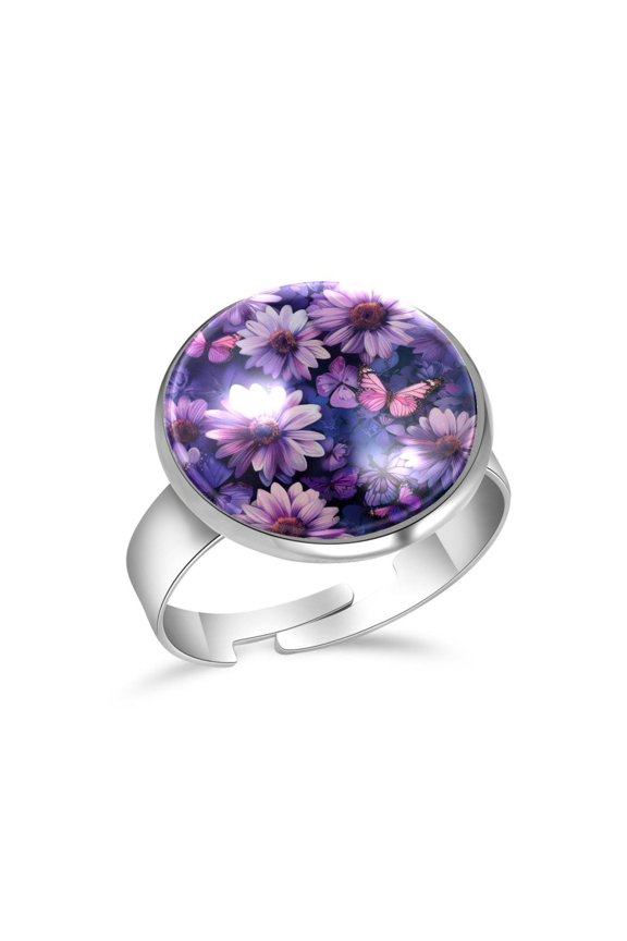 Purple Butterfly Daisy Flower Stainless Steel Rings for Women, Open Adjustable Ring Promise Ring Jewelry Gifts