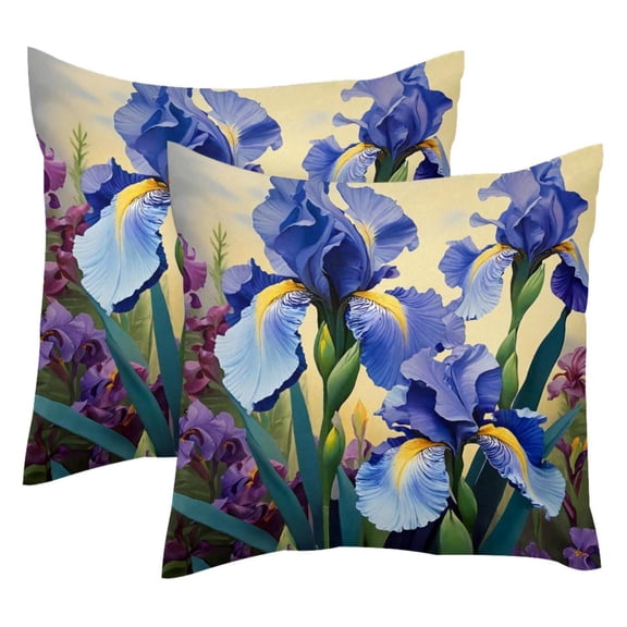 PhooArto Purple Floral Iris Painting Set of 2 Throw Pillow Covers Cases - 16" x 16" Square Decorative Cushion Covers for Sofa Couch Bed Home Decoration