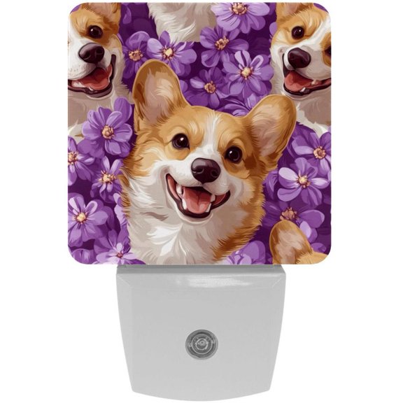 PhooArto Purple Flower and Corgi Pattern Plug in LED Night Light Auto Sensor Dusk to Dawn Decorative Night for Bedroom, Bathroom, Kitchen, Hallway, Stairs, Baby's Room, Energy Saving