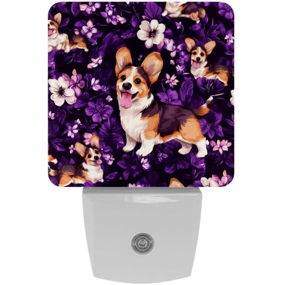 PhooArto Purple Flower Corgi Pattern Plug in LED Night Light Auto Sensor Dusk to Dawn Decorative Night for Bedroom, Bathroom, Kitchen, Hallway, Stairs, Baby's Room, Energy Saving