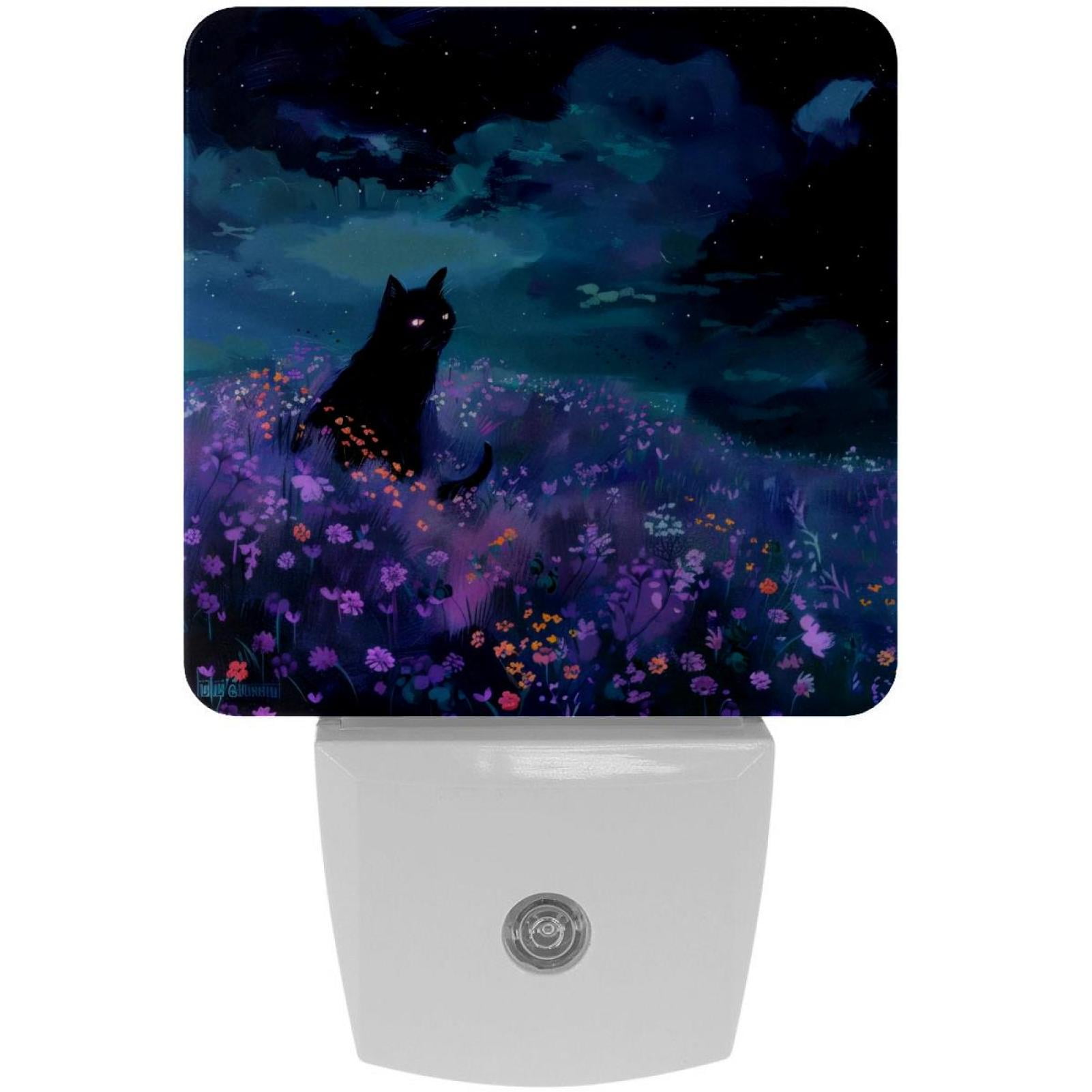 PhooArto Purple Flower Field Black Cat Plug in LED Night Light Auto Sensor Dusk to Dawn Decorative Night for Bedroom, Bathroom, Kitchen, Hallway, Stairs, Baby's Room, Energy Saving