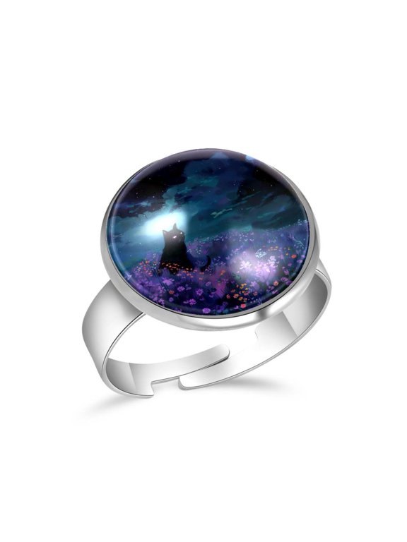 Purple Flower Field Black Cat Stainless Steel Rings for Women, Open Adjustable Ring Promise Ring Jewelry Gifts