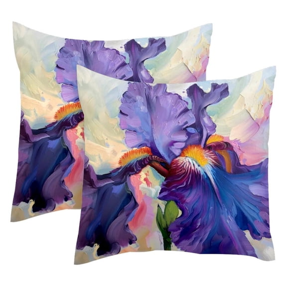 PhooArto Purple Flower Iris Painting Set of 2 Throw Pillow Covers Cases - 16" x 16" Square Decorative Cushion Covers for Sofa Couch Bed Home Decoration