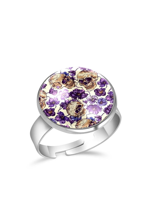 Purple Flowers Sugar Skull Stainless Steel Rings for Women, Open Adjustable Ring Promise Ring Jewelry Gifts