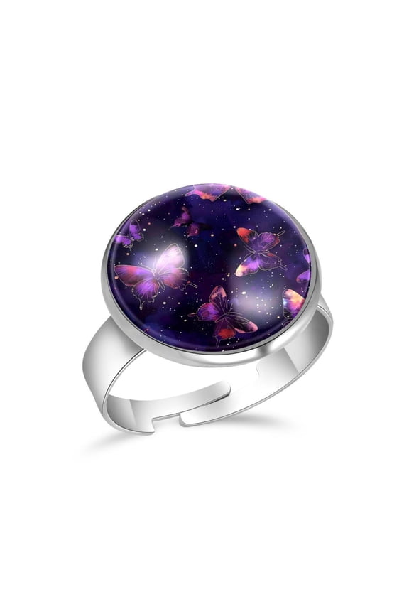 Purple Galaxy Butterflies Stainless Steel Rings for Women, Open Adjustable Ring Promise Ring Jewelry Gifts