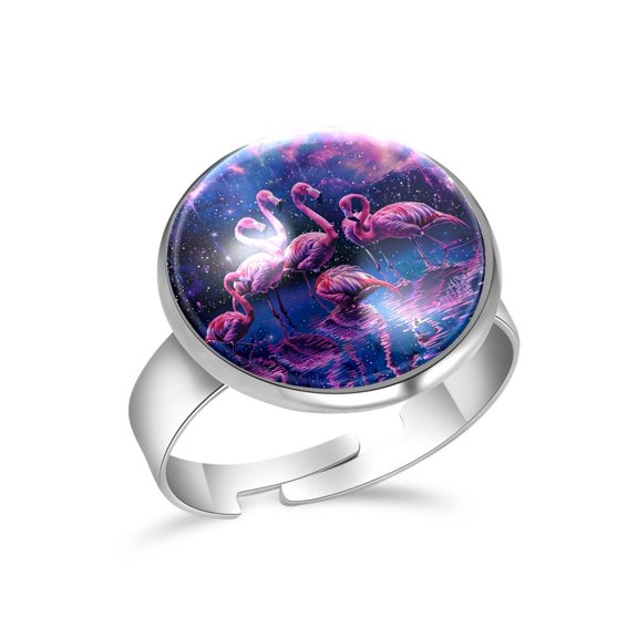 PhooArto Purple Galaxy Flamingos Stainless Steel Rings for Women, Open Adjustable Ring Promise Ring Jewelry Gifts