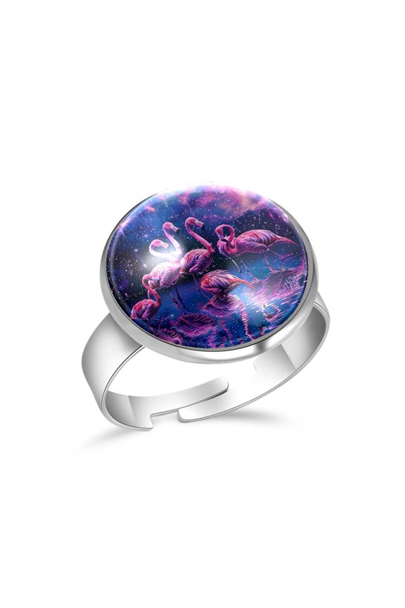 Purple Galaxy Flamingos Stainless Steel Rings for Women, Open Adjustable Ring Promise Ring Jewelry Gifts