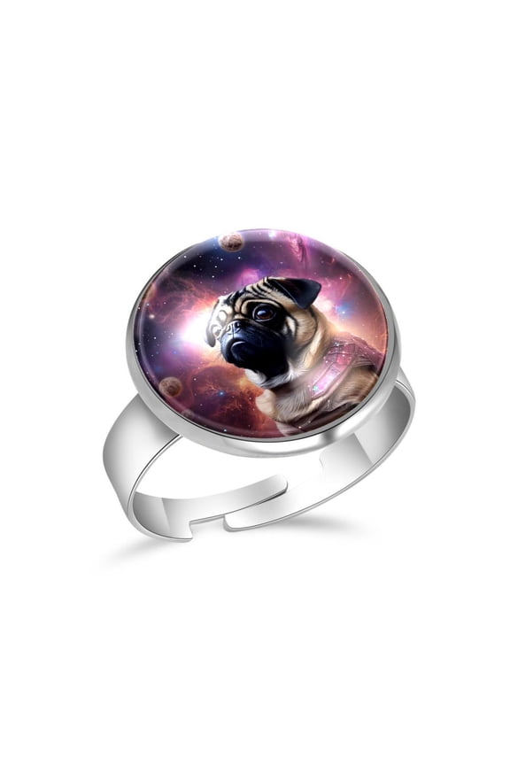 Purple Galaxy Pug Dog Stainless Steel Rings for Women, Open Adjustable Ring Promise Ring Jewelry Gifts